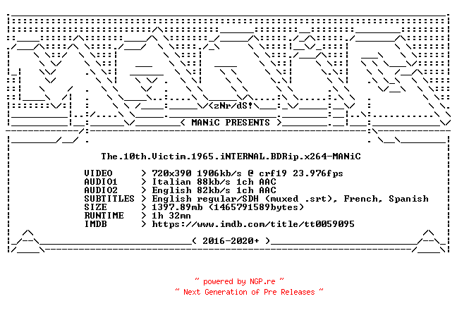 NFO for the release The.10th.Victim.1965.iNTERNAL.BDRip.x264-MANiC by MANiC