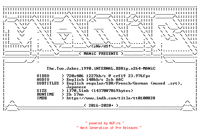 NFO for the release The.Two.Jakes.1990.iNTERNAL.BDRip.x264-MANiC by MANiC
