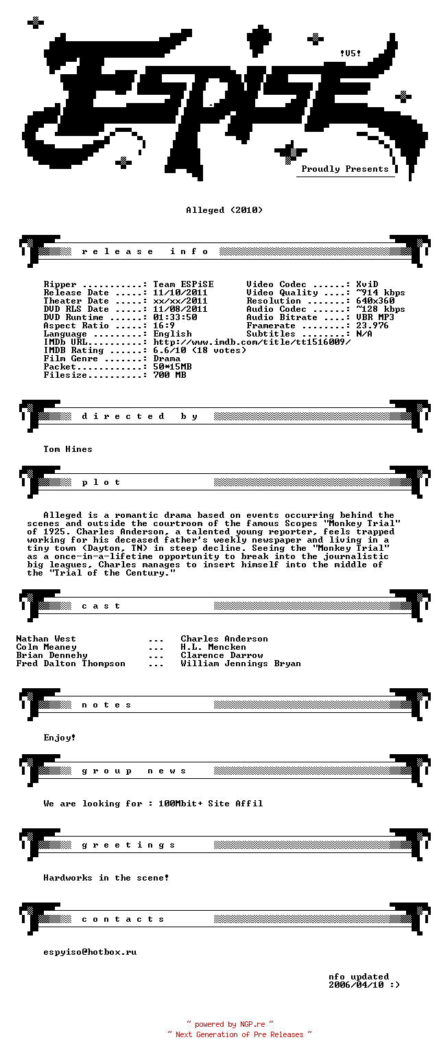 NFO for the release Alleged.2010.BDRip.XviD-ESPiSE by ESPiSE