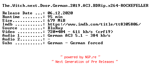 NFO for the release The.Witch.next.Door.German.2019.AC3.BDRip.x264-ROCKEFELLER by ROCKEFELLER