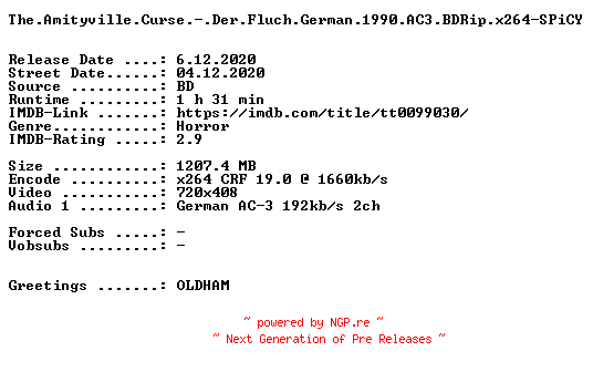 NFO for the release The.Amityville.Curse.-.Der.Fluch.German.1990.AC3.BDRip.x264-SPiCY by SPiCY