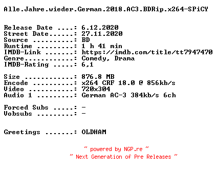 NFO for the release Alle.Jahre.wieder.German.2018.AC3.BDRip.x264-SPiCY by SPiCY
