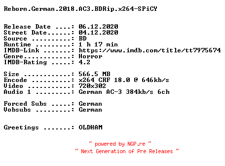 NFO for the release Reborn.German.2018.AC3.BDRip.x264.NFOFiX-SPiCY by SPiCY