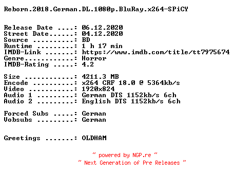 NFO for the release Reborn.2018.German.DL.1080p.BluRay.x264.NFOFiX-SPiCY by SPiCY