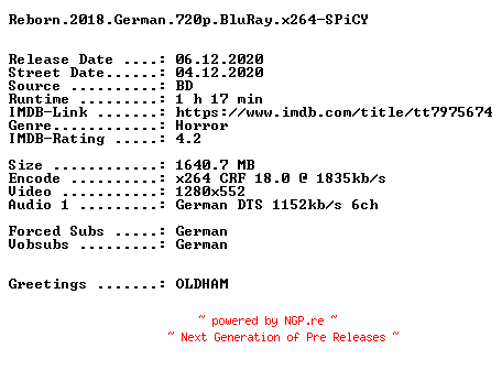 NFO for the release Reborn.2018.German.720p.BluRay.x264.NFOFiX-SPiCY by SPiCY