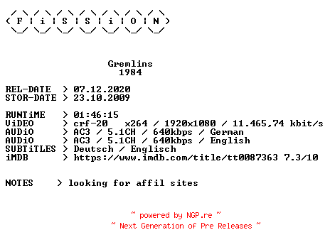 NFO for the release Gremlins.1984.German.DL.1080p.BluRay.x264.iNTERNAL-FiSSiON by FiSSiON