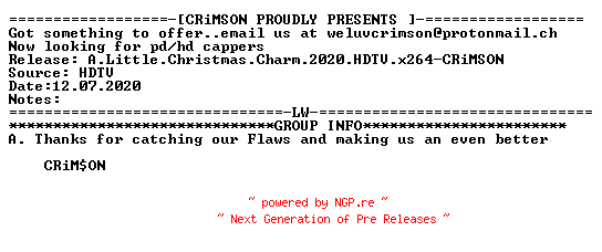 NFO for the release A.Little.Christmas.Charm.2020.HDTV.x264-CRiMSON by CRiMSON