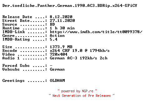 NFO for the release Der.toedliche.Panther.German.1990.AC3.BDRip.x264-SPiCY by SPiCY