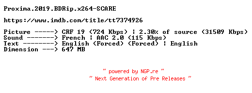 NFO for the release Proxima.2019.BDRip.x264-SCARE by SCARE