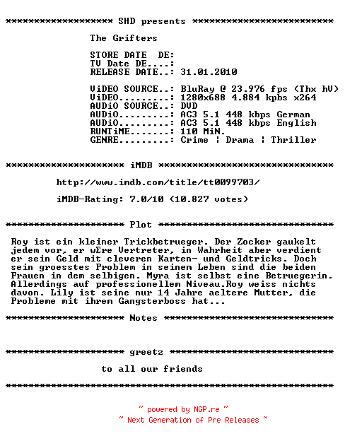 NFO for the release Grifters.1990.German.AC3D.DL.720p.Bluray.x264-SHD by SHD