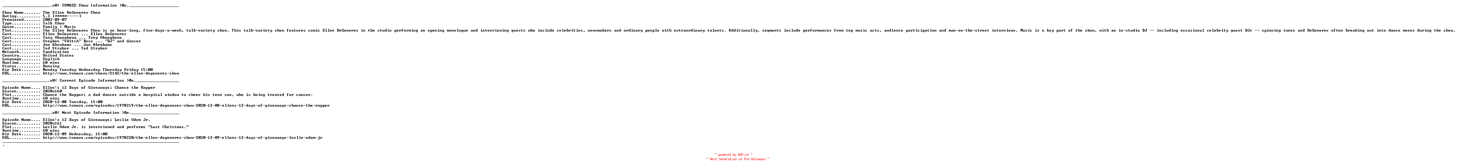 NFO for the release Ellen.DeGeneres.2020.12.07.Kate.Mara.HDTV.x264-60FPS by 60FPS