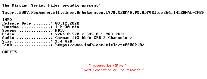 NFO for the release Tatort.E087.Rechnung.mit.einer.Unbekannten.1978.GERMAN.FS.HDTVRip.x264.iNTERNAL-TMSF by TMSF