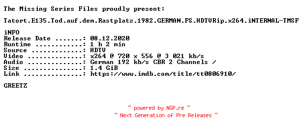 NFO for the release Tatort.E135.Tod.auf.dem.Rastplatz.1982.GERMAN.FS.HDTVRip.x264.iNTERNAL-TMSF by TMSF