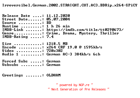 NFO for the release Irreversibel.German.2002.STRAIGHT.CUT.AC3.BDRip.x264-SPiCY by SPiCY