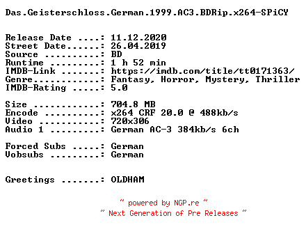 NFO for the release Das.Geisterschloss.German.1999.AC3.BDRip.x264-SPiCY by SPiCY