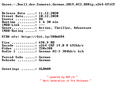 NFO for the release Gozen.-.Duell.der.Samurai.German.2019.AC3.BDRip.x264-SPiCY by SPiCY