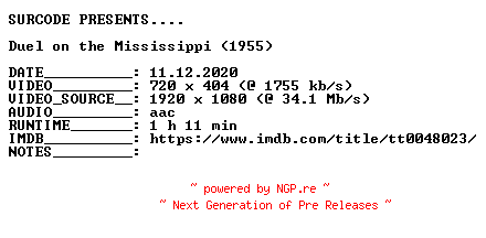 NFO for the release Duel.on.the.Mississippi.1955.BDRip.x264-SURCODE by SURCODE