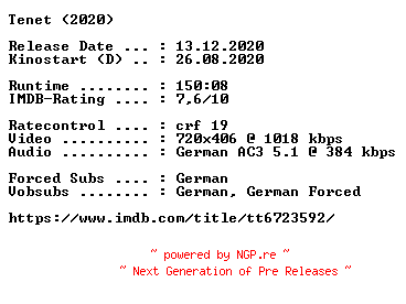 NFO for the release Tenet.German.2020.AC3.BDRip.x264-COiNCiDENCE by COiNCiDENCE