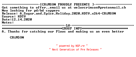 NFO for the release A.Sugar.and.Spice.Holiday.2020.HDTV.x264-CRiMSON by CRiMSON