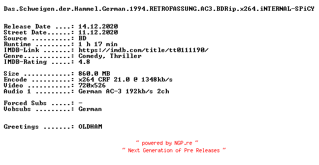 NFO for the release Das.Schweigen.der.Hammel.German.1994.RETROFASSUNG.AC3.BDRip.x264.iNTERNAL-SPiCY by SPiCY