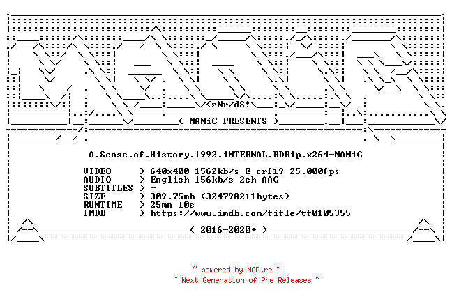 NFO for the release A.Sense.of.History.1992.iNTERNAL.BDRip.x264-MANiC by MANiC