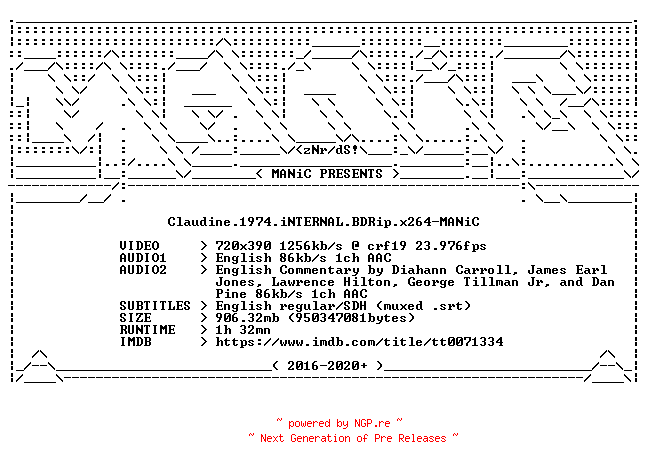 NFO for the release Claudine.1974.iNTERNAL.BDRip.x264-MANiC by MANiC