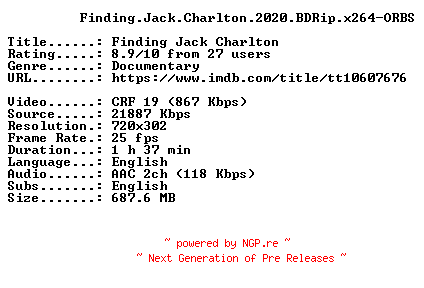 NFO for the release Finding.Jack.Charlton.2020.BDRip.x264-ORBS by ORBS