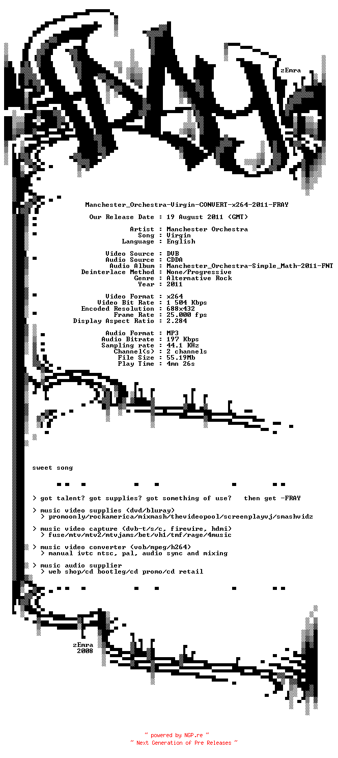 NFO for the release Manchester_Orchestra-Virgin-CONVERT-x264-2011-FRAY by FRAY