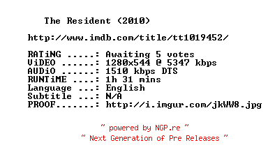 NFO for the release The.Resident.2011.720p.BluRay.x264-MELiTE by MELiTE