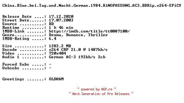 NFO for the release China.Blue.bei.Tag.und.Nacht.German.1984.KiNOFASSUNG.AC3.BDRip.x264-SPiCY by SPiCY