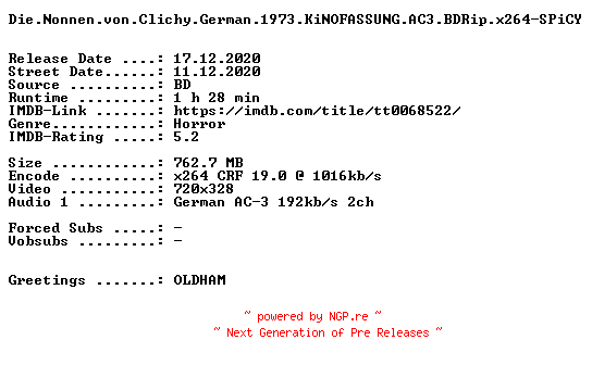NFO for the release Die.Nonnen.von.Clichy.German.1973.KiNOFASSUNG.AC3.BDRip.x264-SPiCY by SPiCY