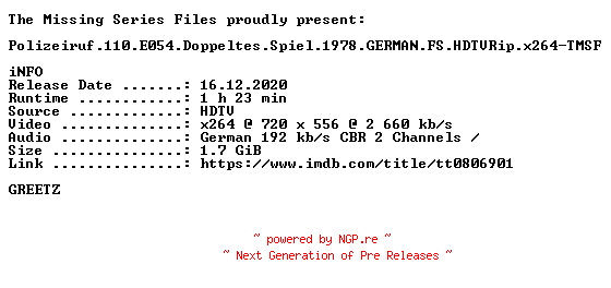 NFO for the release Polizeiruf.110.E054.Doppeltes.Spiel.1978.GERMAN.FS.HDTVRip.x264-TMSF by TMSF