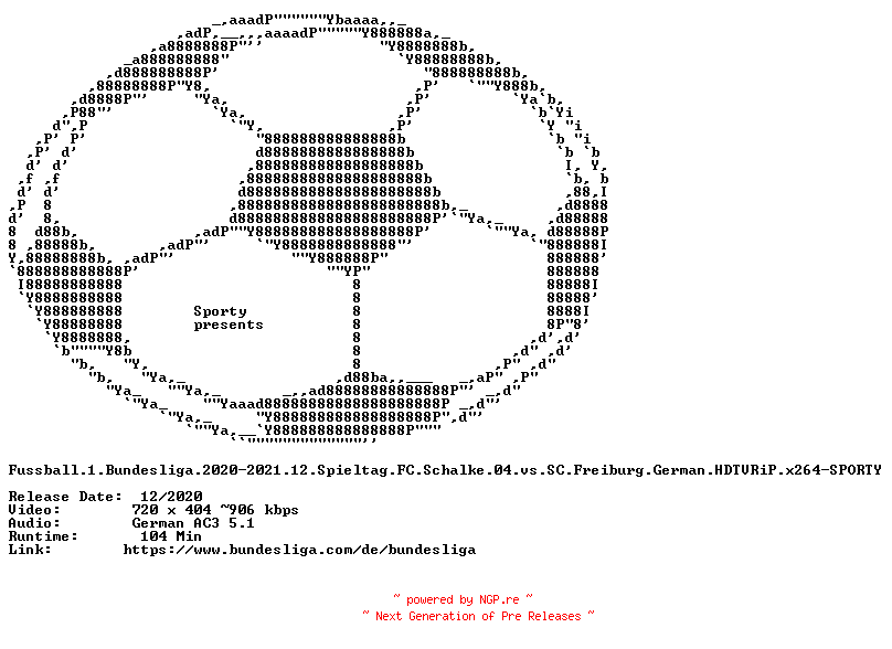 NFO for the release Fussball.1.Bundesliga.2020-2021.12.Spieltag.FC.Schalke.04.vs.SC.Freiburg.German.HDTVRiP.x264-SPORTY by SPORTY