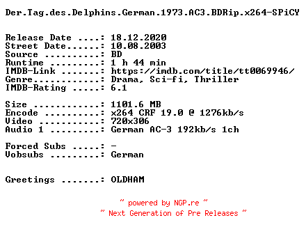 NFO for the release Der.Tag.des.Delphins.German.1973.AC3.BDRip.x264-SPiCY by SPiCY