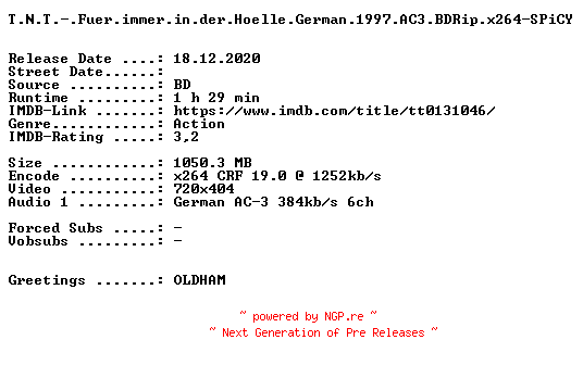NFO for the release T.N.T.-.Fuer.immer.in.der.Hoelle.German.1997.AC3.BDRip.x264-SPiCY by SPiCY