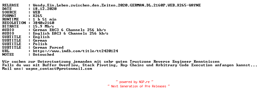 NFO for the release Wendy.Ein.Leben.zwischen.den.Zeiten.2020.GERMAN.DL.2160P.WEB.X265-WAYNE by WAYNE