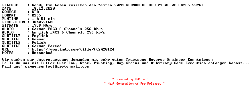 NFO for the release Wendy.Ein.Leben.zwischen.den.Zeiten.2020.GERMAN.DL.HDR.2160P.WEB.X265-WAYNE by WAYNE