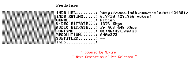 NFO for the release Predators.FRENCH.BDRiP.XViD-THENiGHTMARE by THENiGHTMARE