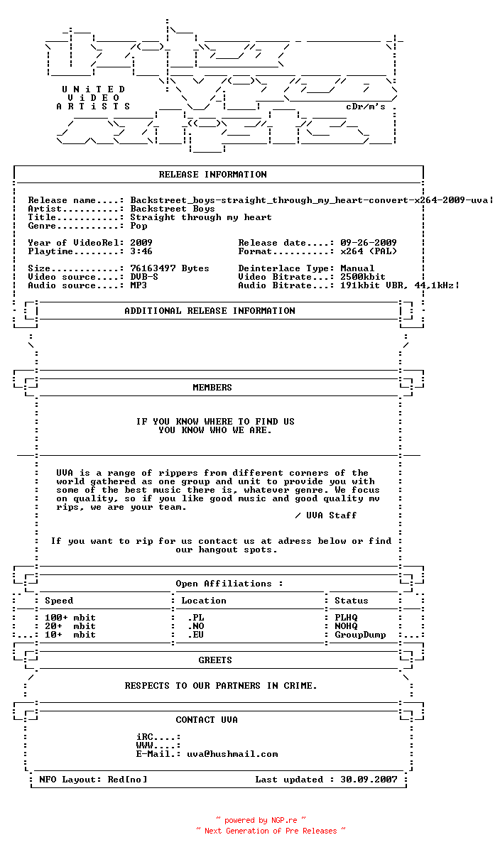 NFO for the release Backstreet_boys-straight_through_my_heart-convert-x264-2009-uva by uva