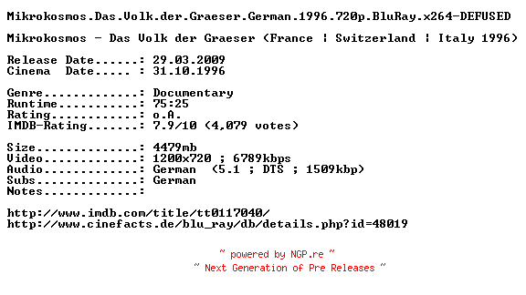 NFO for the release Mikrokosmos.Das.Volk.der.Graeser.German.1996.720p.BluRay.x264-DEFUSED by DEFUSED