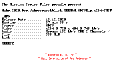 NFO for the release Nuhr.2020.Der.Jahresrueckblick.GERMAN.HDTVRip.x264-TMSF by TMSF