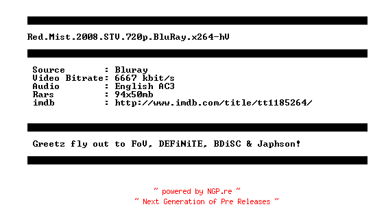 NFO for the release Red.Mist.2008.STV.720p.BluRay.x264-hV by hV