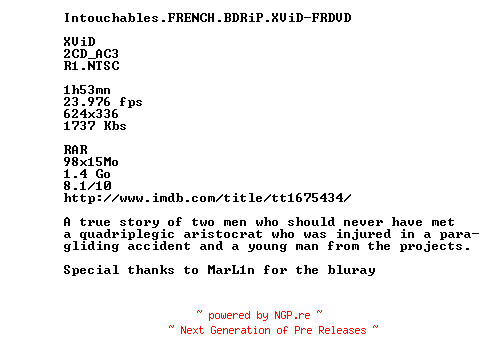 NFO for the release Untouchable.FRENCH.BDRip.XviD-FRDVD by FRDVD