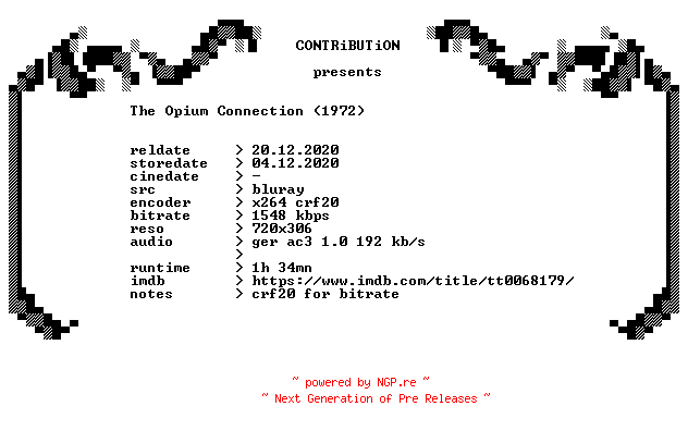NFO for the release The.Opium.Connection.1972.German.BDRip.x264-CONTRiBUTiON by CONTRiBUTiON