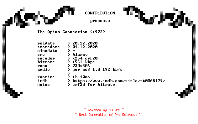 NFO for the release The.Opium.Connection.1972.UNCUT.German.BDRip.x264-CONTRiBUTiON by CONTRiBUTiON