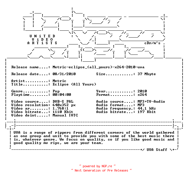 NFO for the release Metric-eclipse_(all_yours)-x264-2010-uva by uva