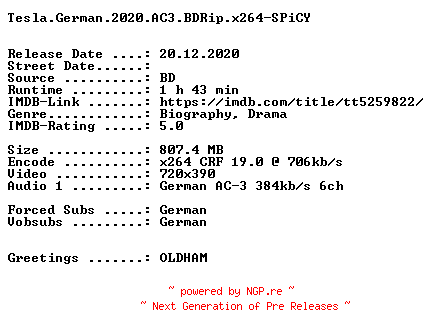 NFO for the release Tesla.German.2020.AC3.BDRip.x264-SPiCY by SPiCY
