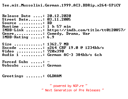 NFO for the release Tee.mit.Mussolini.German.1999.AC3.BDRip.x264-SPiCY by SPiCY