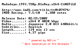 NFO for the release Madadayo.1993.720p.BluRay.x264-CiNEFiLE by CiNEFiLE