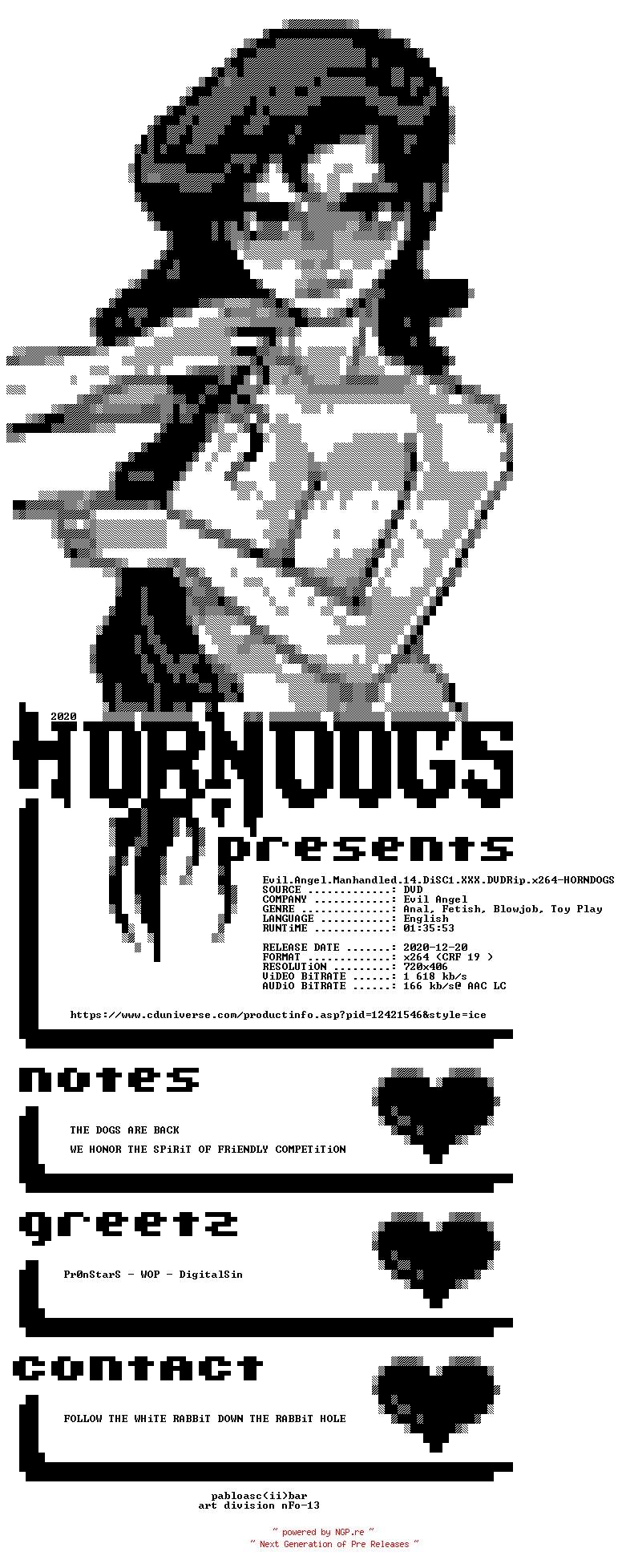 NFO for the release Evil.Angel.Manhandled.14.DiSC1.XXX.DVDRip.x264-HORNDOGS by HORNDOGS